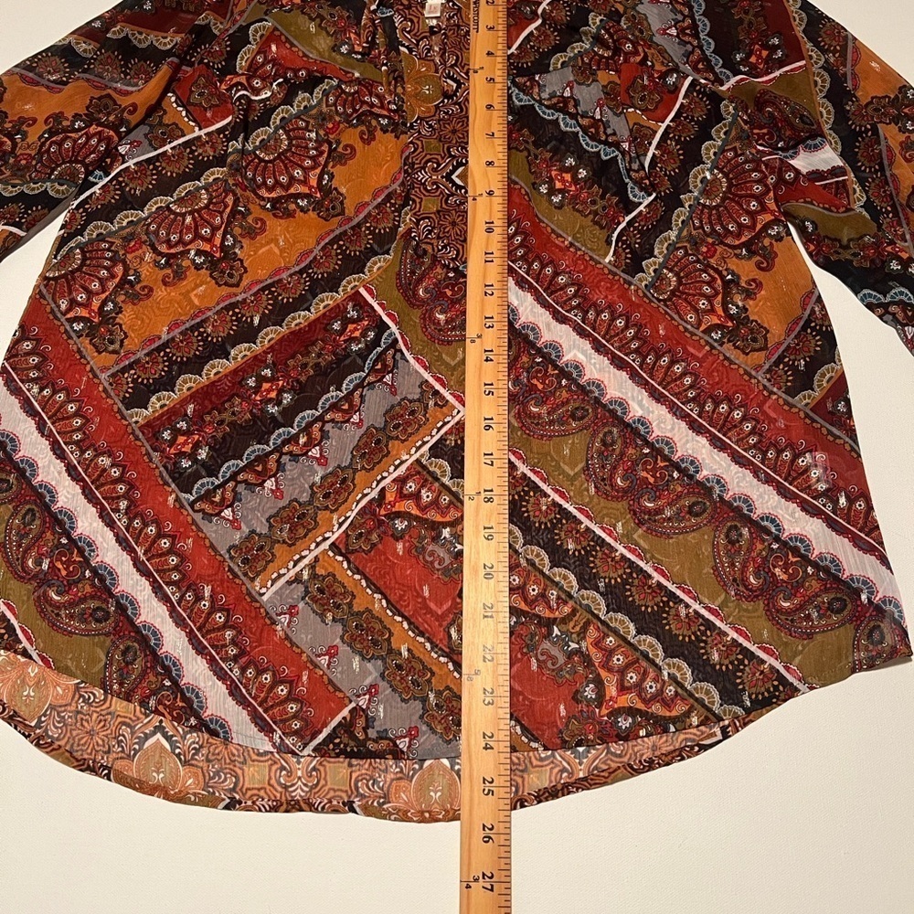 EUC Fig and Flower Anthroplologie Earthtones Patchwork Semi-Sheer Tunic XL (E3) - Picture 2 of 9
